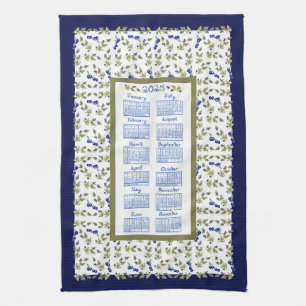 2025 Calendar Blueberry Stem Leaves White Navy Tea Towel