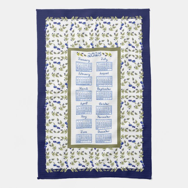 2025 Calendar Blueberry Stem Leaves White Navy Tea Towel (Vertical)