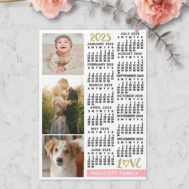 2025 Calendar Blush Pink Gold Custom Photos Magnet (Creator Uploaded)