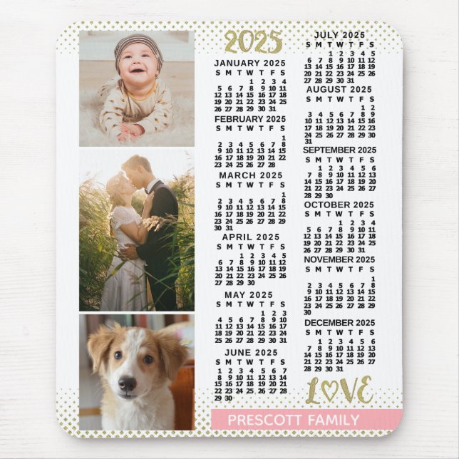 2025 Calendar Blush Pink Gold Family Photo Collage Mouse Pad (Front)