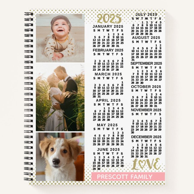 2025 Calendar Blush Pink Gold Family Photo Collage Notebook (Front)