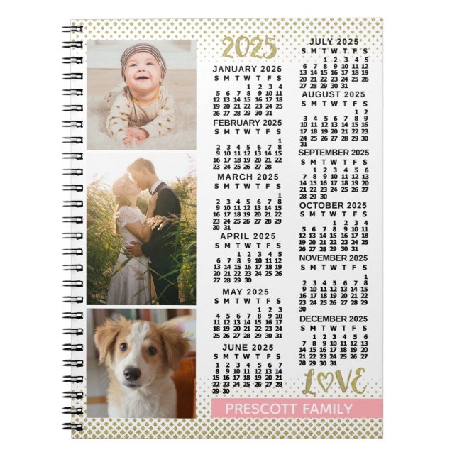 2025 Calendar Blush Pink Gold Family Photo Collage Notebook (Front)
