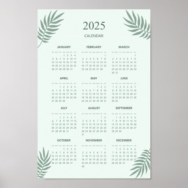 2025 Calendar Boho Floral Aesthetic Mint Green Poster (Front)