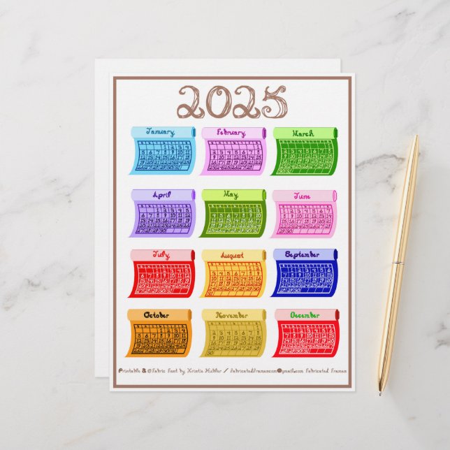 2025 Calendar Bolt Fabric Font 12 Colourful Months Custom Letterhead (Front/Back In Situ)