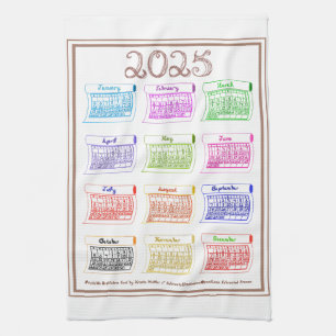 2025 Calendar Bolts Fabric Font 12 Months of Colou Tea Towel