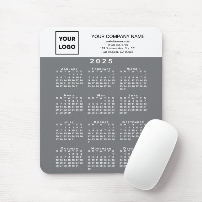 2025 Calendar Business Logo and Text Grey White Mouse Pad (With Mouse)
