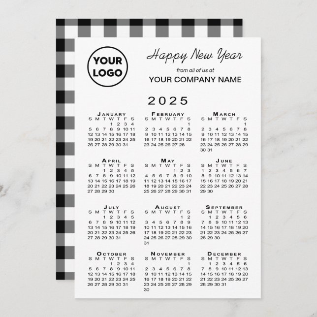 2025 Calendar Business Logo Black White Gingham Holiday Card (Front/Back)