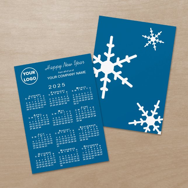 2025 Calendar Business Logo Blue Snowflake Holiday Card (2025 Calendar Business Logo Blue Snowflake Holiday Card, front/back)