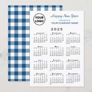 2025 Calendar Business Logo Blue White Gingham Holiday Card