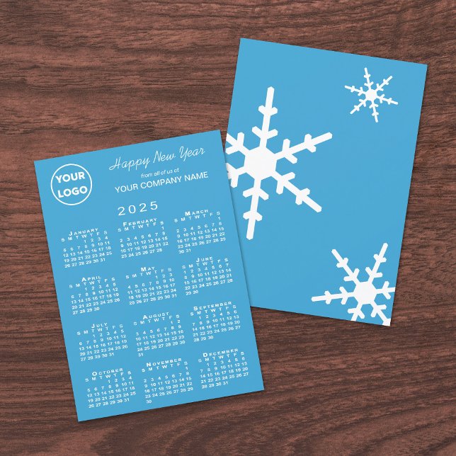 2025 Calendar Business Logo Light Blue Snowflake Holiday Card (2025 Calendar Business Logo Light Blue Snowflake Holiday Card, front/back)