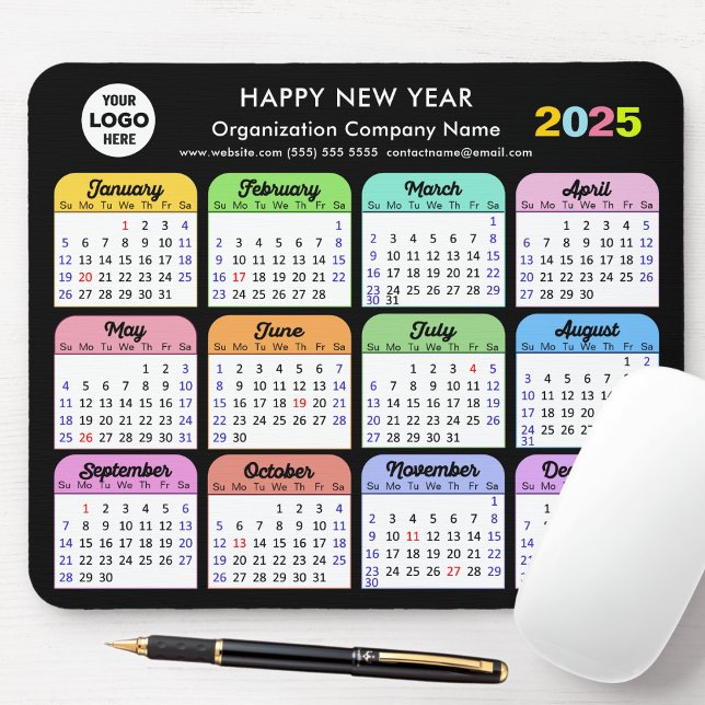 2025 Calendar Business Logo Modern Black Colourful Mouse Pad (Creator Uploaded)