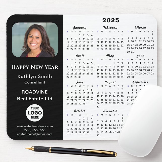 2025 Calendar Business Logo Photo Modern Black Mouse Pad (Creator Uploaded)