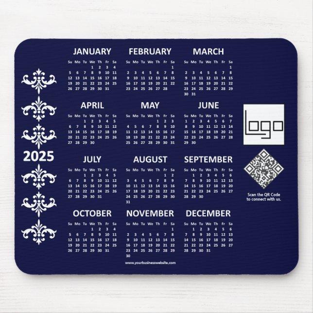 2025 Calendar Business Logo QR Code Navy Blue Mouse Pad (Front)