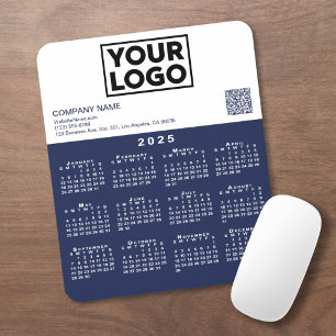 2025 Calendar Business Logo QR Code Navy White Mouse Pad