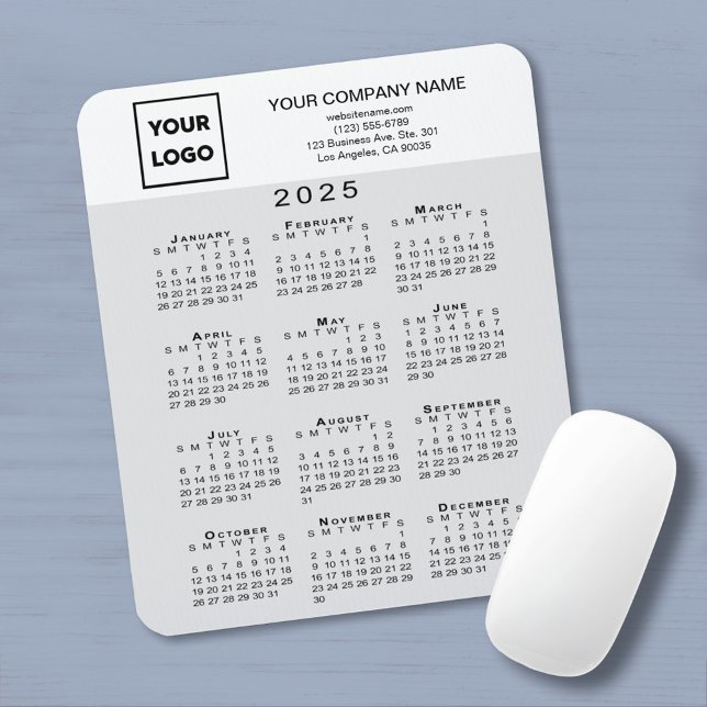 2025 Calendar Business Logo Text Light Grey White Mouse Pad (2025 Calendar Business Logo Text Light Grey White Mouse Pad in situ)