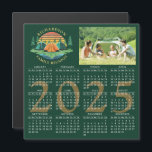 2025 Calendar Camping Family Reunion Dark Green<br><div class="desc">This magnetic 2025 calendar on a dark green background was designed for a camping theme Family Reunion. The template makes it easy to upload a custom photo and customise the text with your family name. The design features a vintage sunset illustration with tents in a pine tree forest near a...</div>