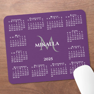 2025 Calendar Chic Monogram Name on Purple Mouse Pad