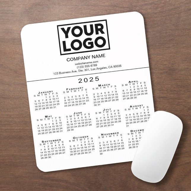 2025 Calendar Company Logo and Text on White Mouse Pad (2025 Calendar Company Logo and Text on White Mouse Pad in situ)