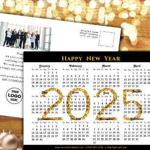 2025 Calendar Corporate Photo Black Gold Glitter Holiday Postcard