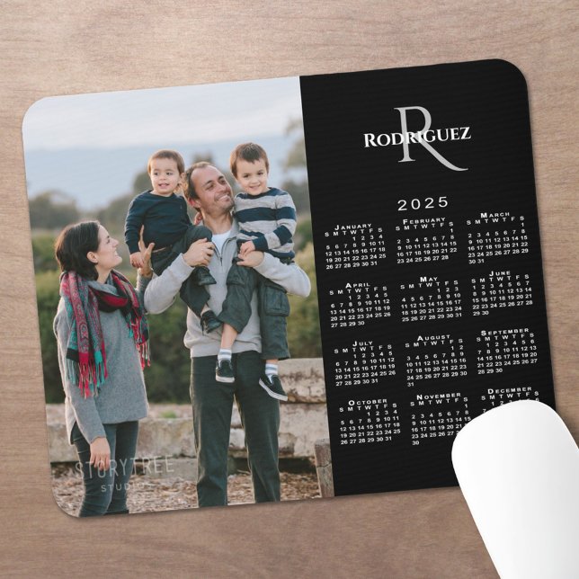 2025 Calendar Custom Photo Monogram Name on Black Mouse Pad (2025 Calendar Custom Photo Monogram Name on Black Mouse Pad in situ)