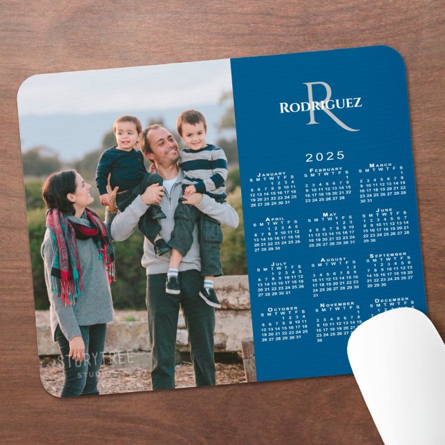 2025 Calendar Custom Photo Monogram Name on Blue Mouse Pad (2025 Calendar Custom Photo Monogram Name on Blue Mouse Pad in situ)