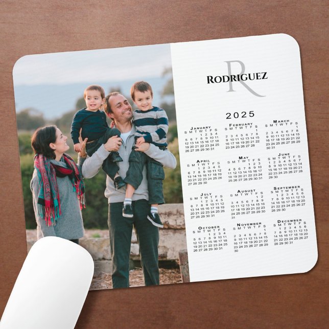 2025 Calendar Custom Photo Monogram Name on White Mouse Pad (2025 Calendar Custom Photo Monogram Name on White Mouse Pad in situ)