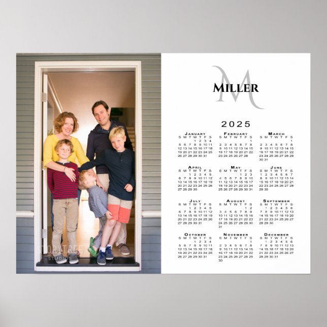 2025 Calendar Custom Photo Monogram Name on White Poster (Front)