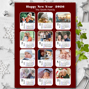 2025 Calendar Family 12 Photo Collage Modern Red Holiday Card