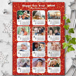 2025 Calendar Family 12 Photo Modern Red Glitter