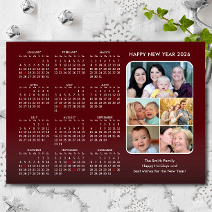 2025 Calendar Family 5 Photo Modern Red Minimalist Holiday Card