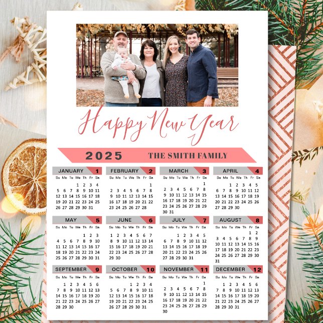 2025 Calendar Family Photo Pink Script Simple Holiday Card (Creator Uploaded)