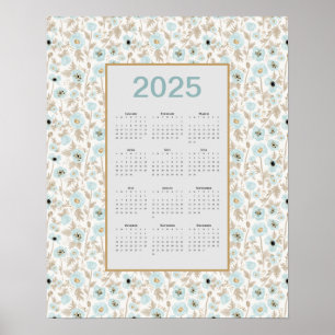 2025 Calendar Full Year Blue Cream Poppies Poster