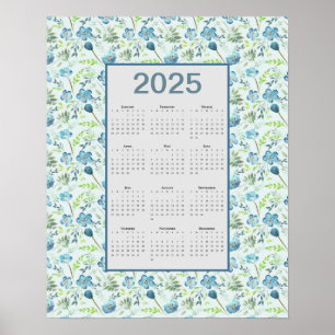 2025 Calendar Full Year Blue Floral Poster