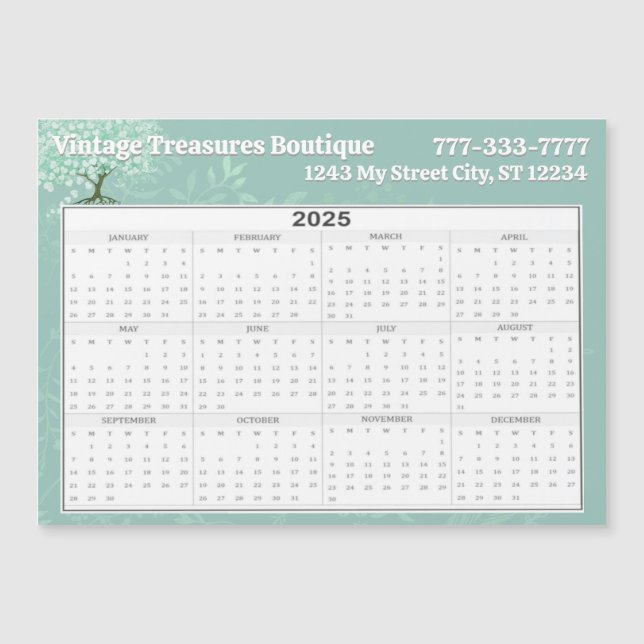 2025 Calendar Heart Leaf Tree Floral Mint Green (Front)