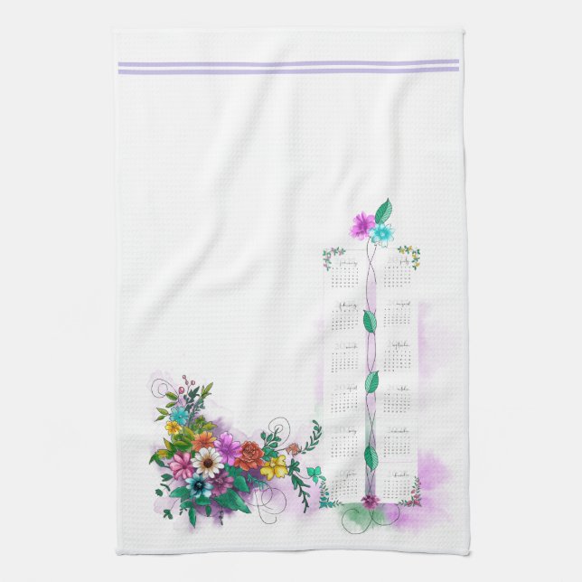 2025 Calendar, Lovely Floral Watercolor Design Tea Towel (Vertical)