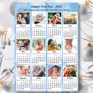 2025 Calendar Modern Blue Gold 12 Photo Collage  Holiday Card