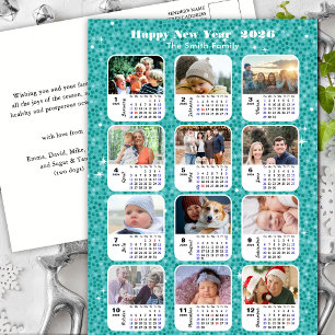 2025 Calendar Modern Family 12 Photo Blue Glitter Holiday Postcard