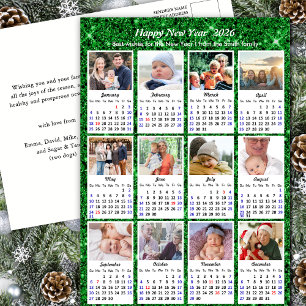 2025 Calendar Modern Family 12 Photo Green Glitter Holiday Postcard