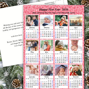 2025 Calendar Modern Family 12 Photo Pink Glitter Holiday Postcard