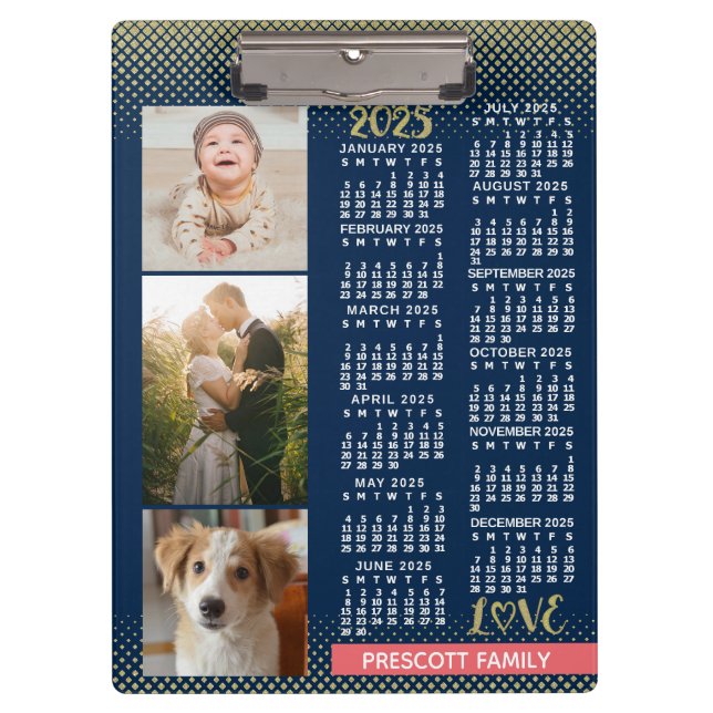2025 Calendar Navy Coral Gold Family Photo Collage Clipboard (Front)
