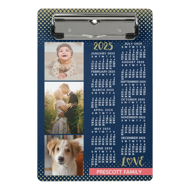 2025 Calendar Navy Coral Gold Family Photo Collage Mini Clipboard (Front)