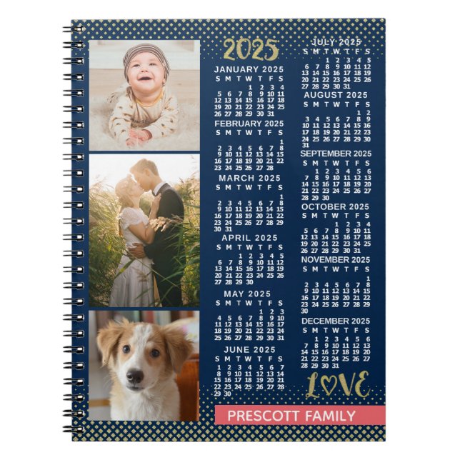2025 Calendar Navy Coral Gold Family Photo Collage Notebook (Front)