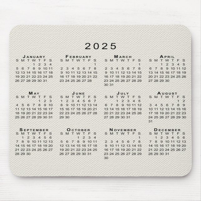 2025 Calendar on Beige Faux Canvas Texture Mouse Pad (Front)