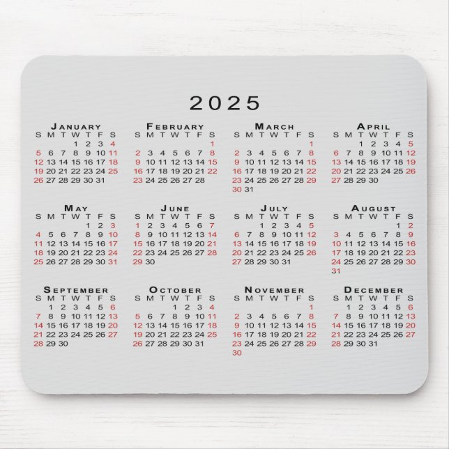 2025 Calendar Simple Grey Black Red Mouse Pad (Front)