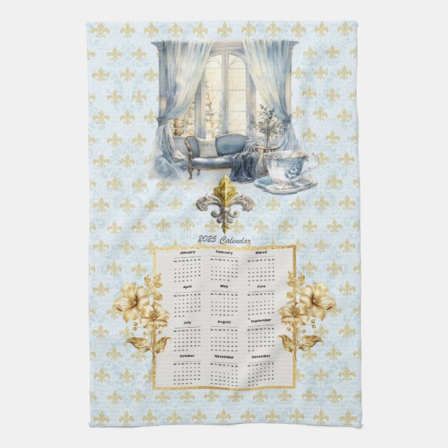 2025 Calendar Towel Blue Fleur de Lis Parisian  (Vertical)