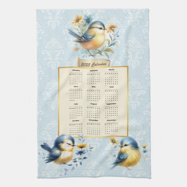 2025 Calendar Towel Cute Folk Birds Blue Damask (Vertical)