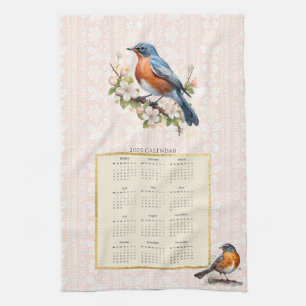 2025 Calendar Towel Robin Bird Peach Damask