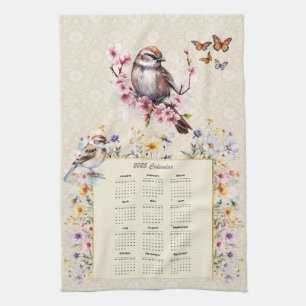 2025 Calendar Towel Sparrow with Wildflowers