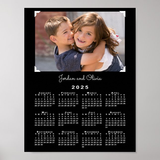 2025 Calendar with Your Photo and Name on Black Poster (Front)