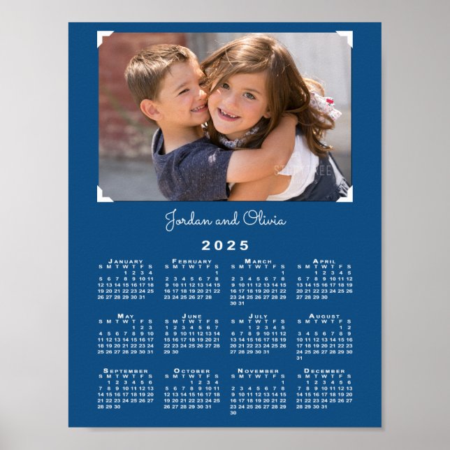2025 Calendar with Your Photo and Name on Blue Poster (Front)
